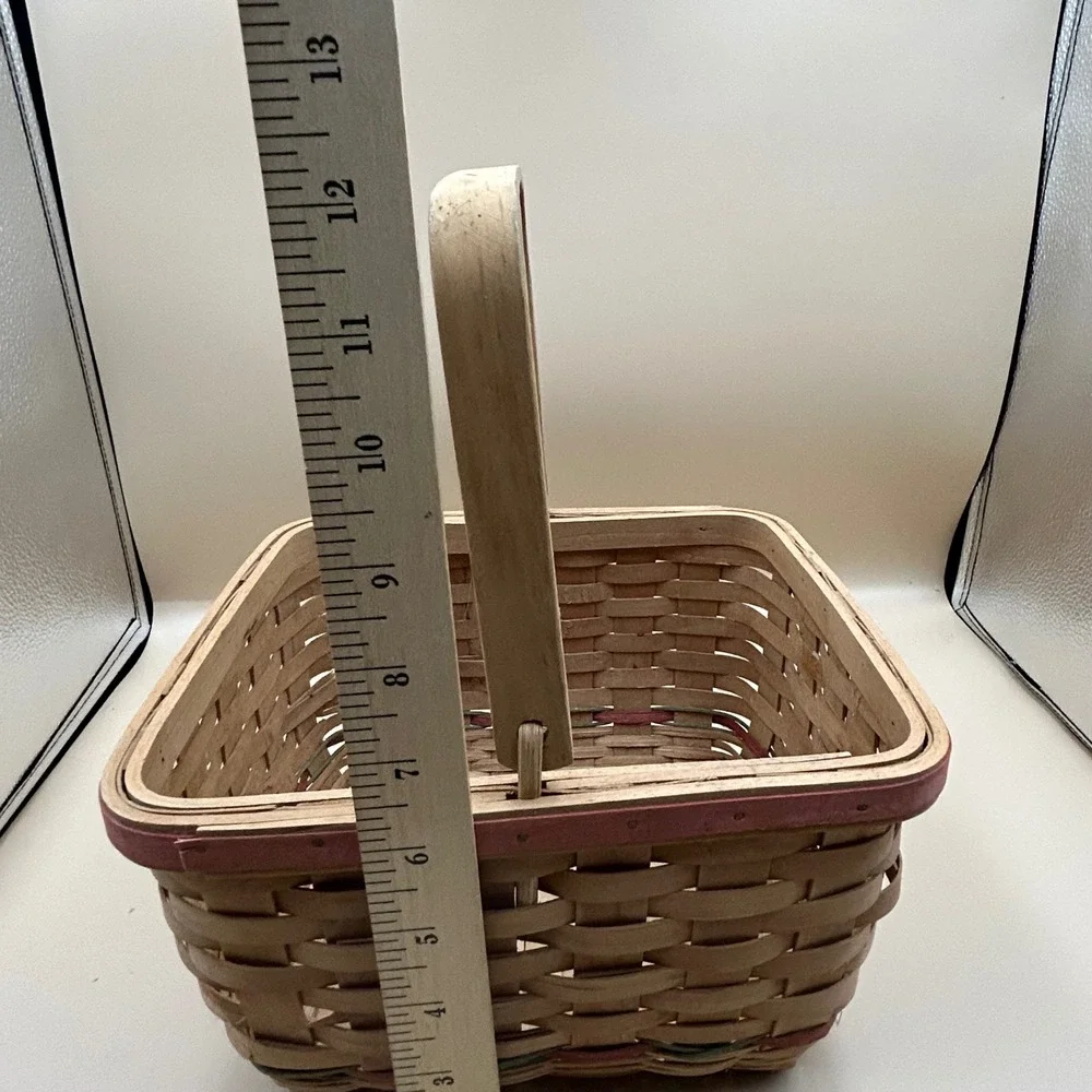 Vintage Farmhouse Woven Wood Basket with Rooster Patch and Swing Handle